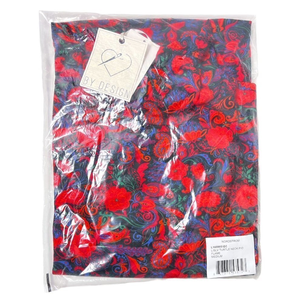 By Design Womens Red Floral Print Turtleneck Long Sleeve Jersey Top Sz M New - Picture 4 of 9